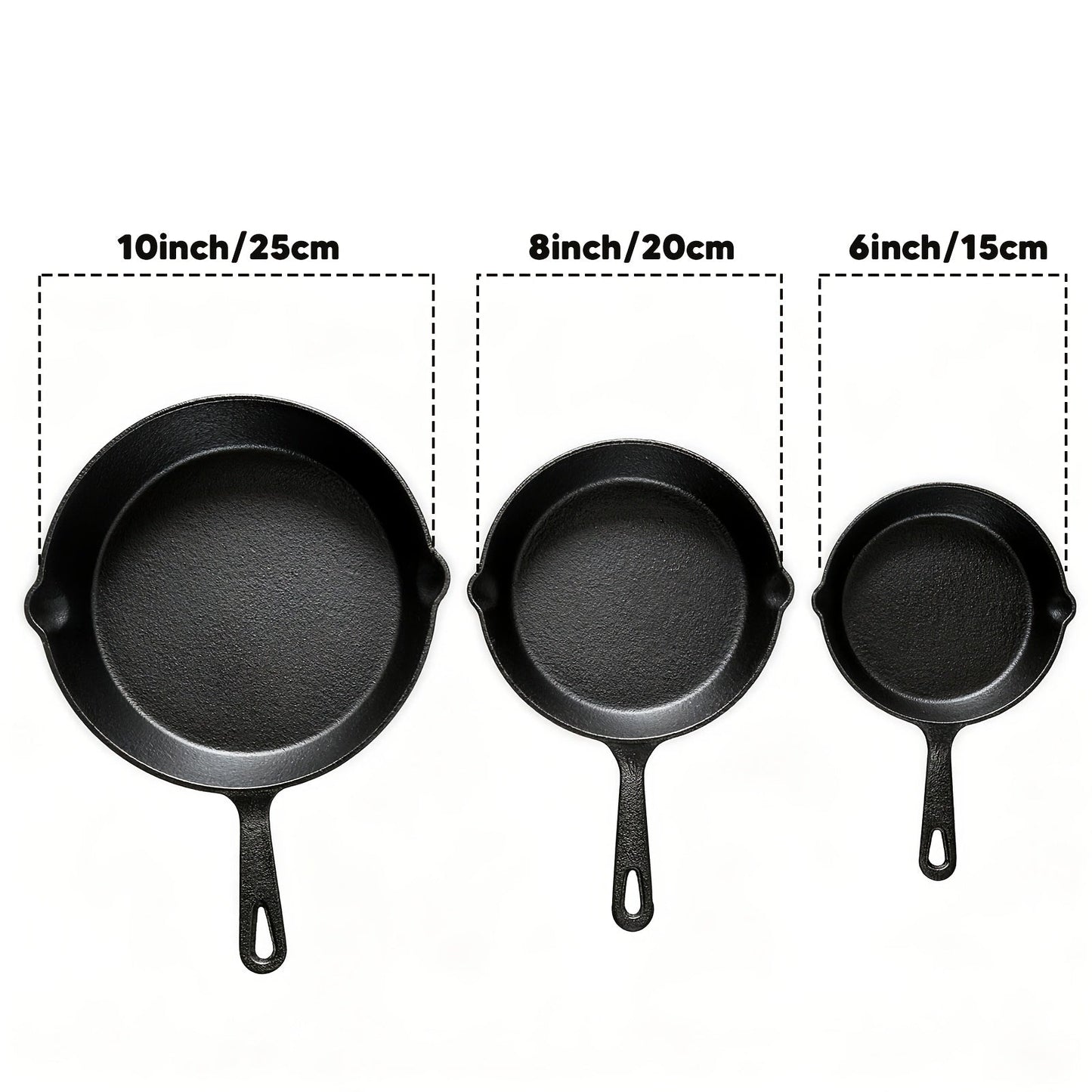 Cast Iron Skillet Set 3-Piece 6 8 10 Inch Pre-Seasoned Non-Stick Heavy Duty Oven Grill Campfire Safe Even Heat for Steak Cornbread Baking – Rustic Kitchen Cookware