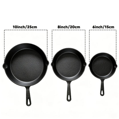 Cast Iron Skillet Set 3-Piece 6 8 10 Inch Pre-Seasoned Non-Stick Heavy Duty Oven Grill Campfire Safe Even Heat for Steak Cornbread Baking – Rustic Kitchen Cookware