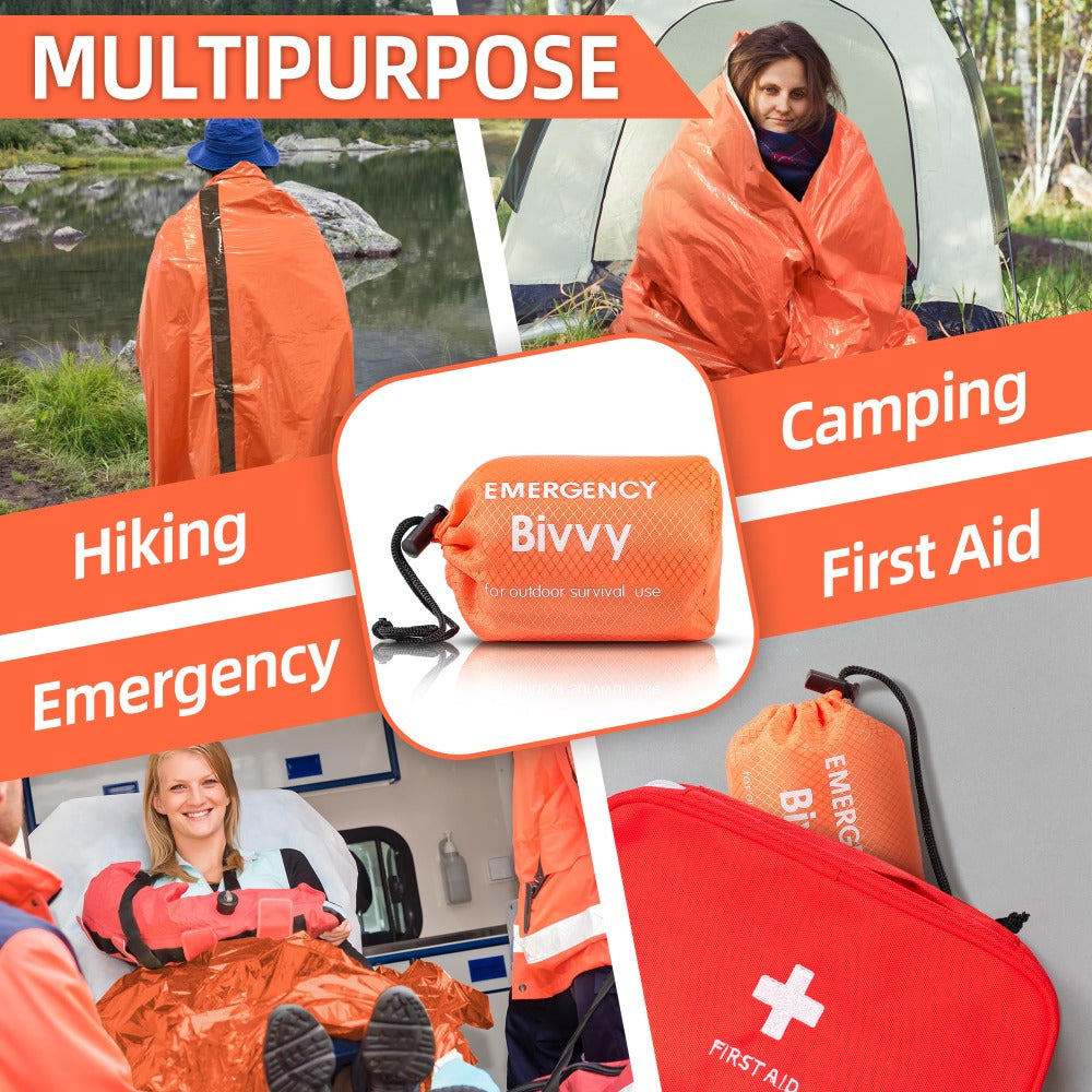 Emergency Mylar Sleeping Bag 4-Piece Kit – 2 Thermal Survival Sleeping Bags + 2 Whistles, Lightweight Portable Shelter for Camping, Hiking, Backpacking, Outdoor Survival & Emergencies