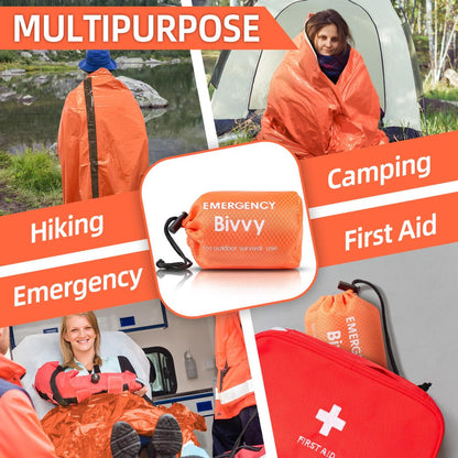 Emergency Mylar Sleeping Bag 4-Piece Kit – 2 Thermal Survival Sleeping Bags + 2 Whistles, Lightweight Portable Shelter for Camping, Hiking, Backpacking, Outdoor Survival & Emergencies