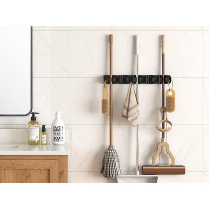 Wall-Mounted Mop and Broom Holder Organizer 5 Slots 6 Hooks Heavy-Duty Non-Slip Cleaning Tool Rack for Home Garage Kitchen Laundry Room Boat – Easy Install on Any Surface