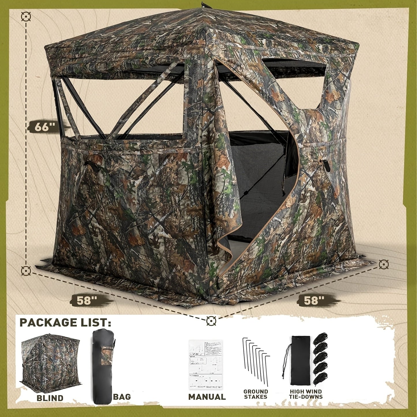Pop-Up Hunting Blind 2-3 Person – 270° See-Through Design, Camouflage Ground Blind for Deer & Turkey Hunting, Easy Setup with Carrying Case