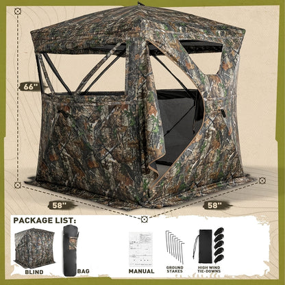 Pop-Up Hunting Blind 2-3 Person – 270° See-Through Design, Camouflage Ground Blind for Deer & Turkey Hunting, Easy Setup with Carrying Case