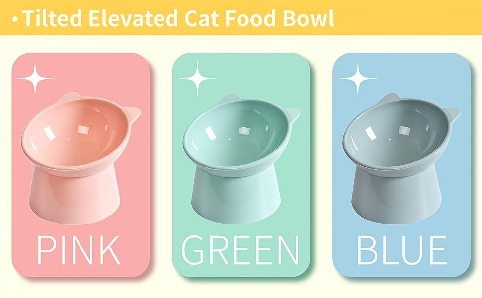 Raised Cat Bowls Set of 3 Cat-Ear Shaped Elevated Feeder Anti-Slip Base Neck Comfort Design Tri-Color Pet Feeding Dish Pink Green Blue Multi-Cat Household