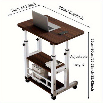 3-Tier Rolling Folding Desk with Wheels Height Adjustable Expandable Desktop Storage Shelf for Laptop Study Home Office Bedroom Living Room Computer Table