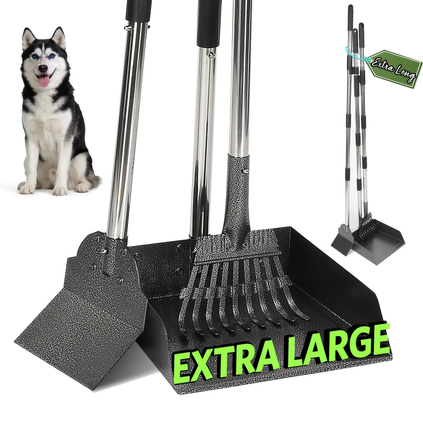 Heavy-Duty Dog Pooper Scooper with 48" Extended Handle – Stainless Steel Swivel Tray, Rake & Spade Set for Grass, Dirt & Gravel, No-Bend Pet Waste Removal for All Dog Sizes (2/3 Piece Set)