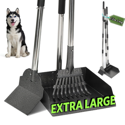 Heavy-Duty Dog Pooper Scooper with 48" Extended Handle – Stainless Steel Swivel Tray, Rake & Spade Set for Grass, Dirt & Gravel, No-Bend Pet Waste Removal for All Dog Sizes (2/3 Piece Set)