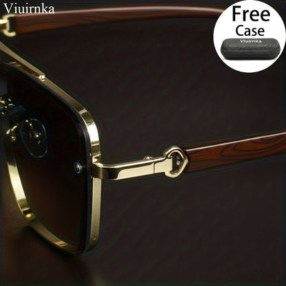 Square Retro Sunglasses for Men and Women Wood Grain Double Beam Design UV Protection Fashion Eyewear with Case for Driving Travel Beach Street Photography Holiday Gift 7 Color Options