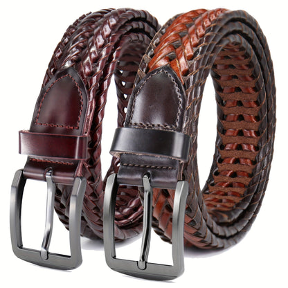 Men's Leather Braided Belt 2 Pack - Casual Dress Belt for Golf Pants Jeans Everyday Wear Zinc Alloy Buckle Multiple Colors Sizes 34-50