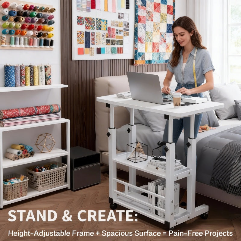Mobile Craft Table with Adjustable Height & 4 Silent 360° Wheels - Rolling Storage Organizer with Double Shelves for Sewing, Knitting & Crafts, Bedroom & Living Room Use, Available in Black & White