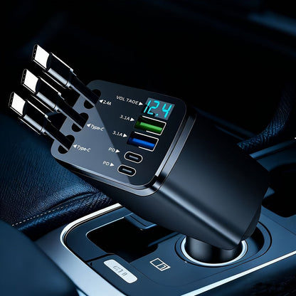7-in-1 Car Fast Charger with 3 Retractable Cables LED Digital Display 180° Adjustable Universal Plug - Multi-Port Car Phone Charger for iPhone Android USB-C