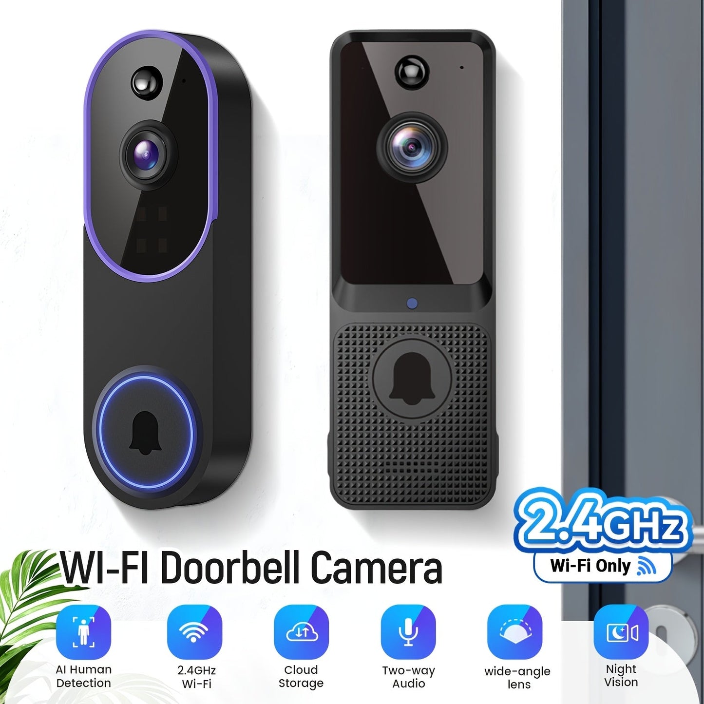 2K Smart Video Doorbell Camera WiFi Wireless 166° Wide Angle AI Human Detection Two-Way Audio Night Vision Cloud Storage Rechargeable Battery – Black & Linen
