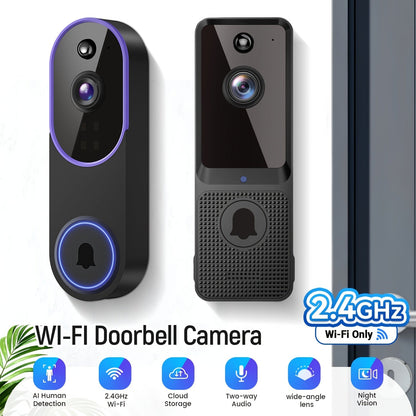 2K Smart Video Doorbell Camera WiFi Wireless 166° Wide Angle AI Human Detection Two-Way Audio Night Vision Cloud Storage Rechargeable Battery – Black & Linen