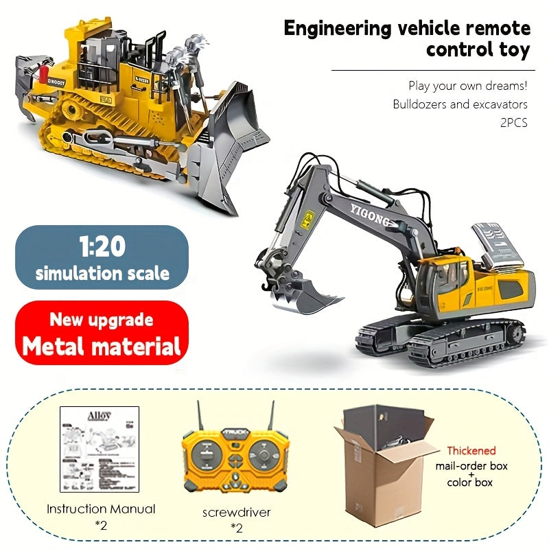 Remote Control Excavator Toy Set with Metal Shovel LED Lights 1200mAh Battery RC Construction Truck Bulldozer Dump Truck Loader Combo for Boys Ages 6 and Up Birthday Christmas Gift