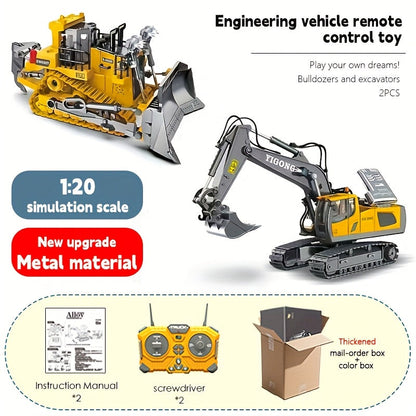 Remote Control Excavator Toy Set with Metal Shovel LED Lights 1200mAh Battery RC Construction Truck Bulldozer Dump Truck Loader Combo for Boys Ages 6 and Up Birthday Christmas Gift