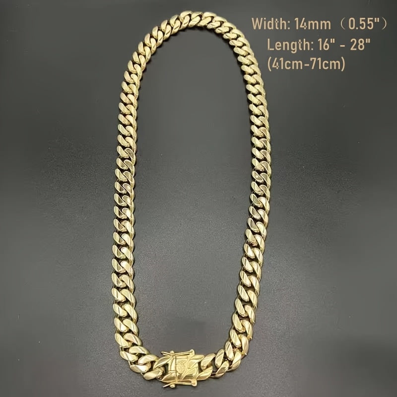 18K Gold Plated Cuban Chain Necklace for Men – 14mm Wide, 316L Stainless Steel, Waterproof & Hypoallergenic, 18 to 28 Inch – Heavy-Duty Hip Hop Jewelry Gift