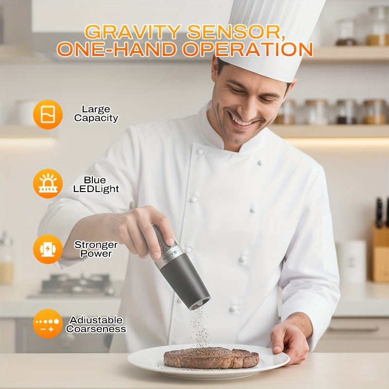 Electric Salt and Pepper Grinder Set 2 Pack – Gravity-Sensing Automatic Mill with LED Light, One-Hand Operation, Adjustable Coarseness, Battery Powered, Black Stainless Steel Kitchen Gift