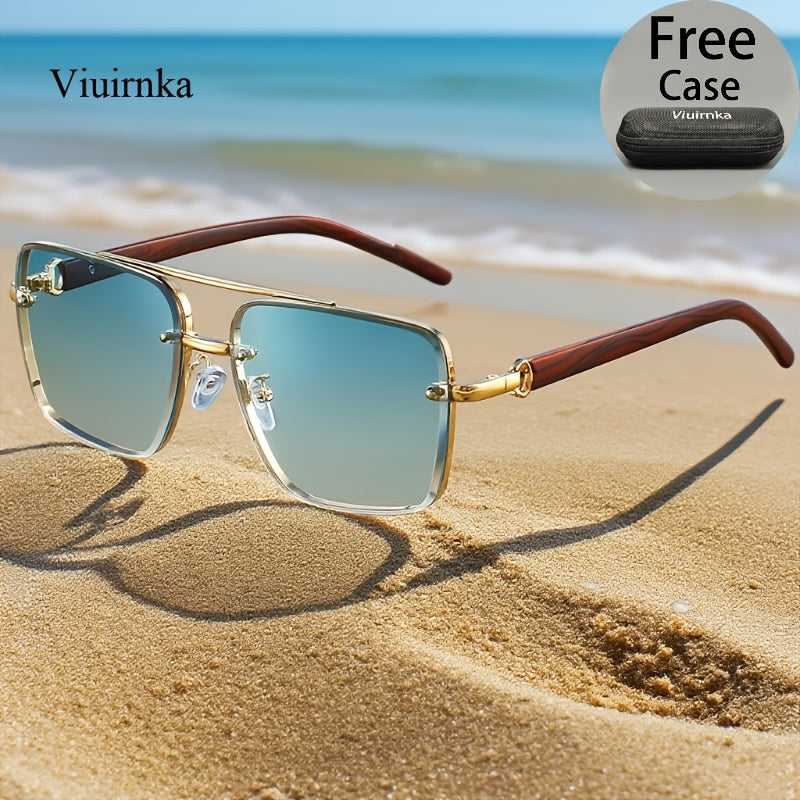 Square Retro Sunglasses for Men and Women Wood Grain Double Beam Design UV Protection Fashion Eyewear with Case for Driving Travel Beach Street Photography Holiday Gift 7 Color Options