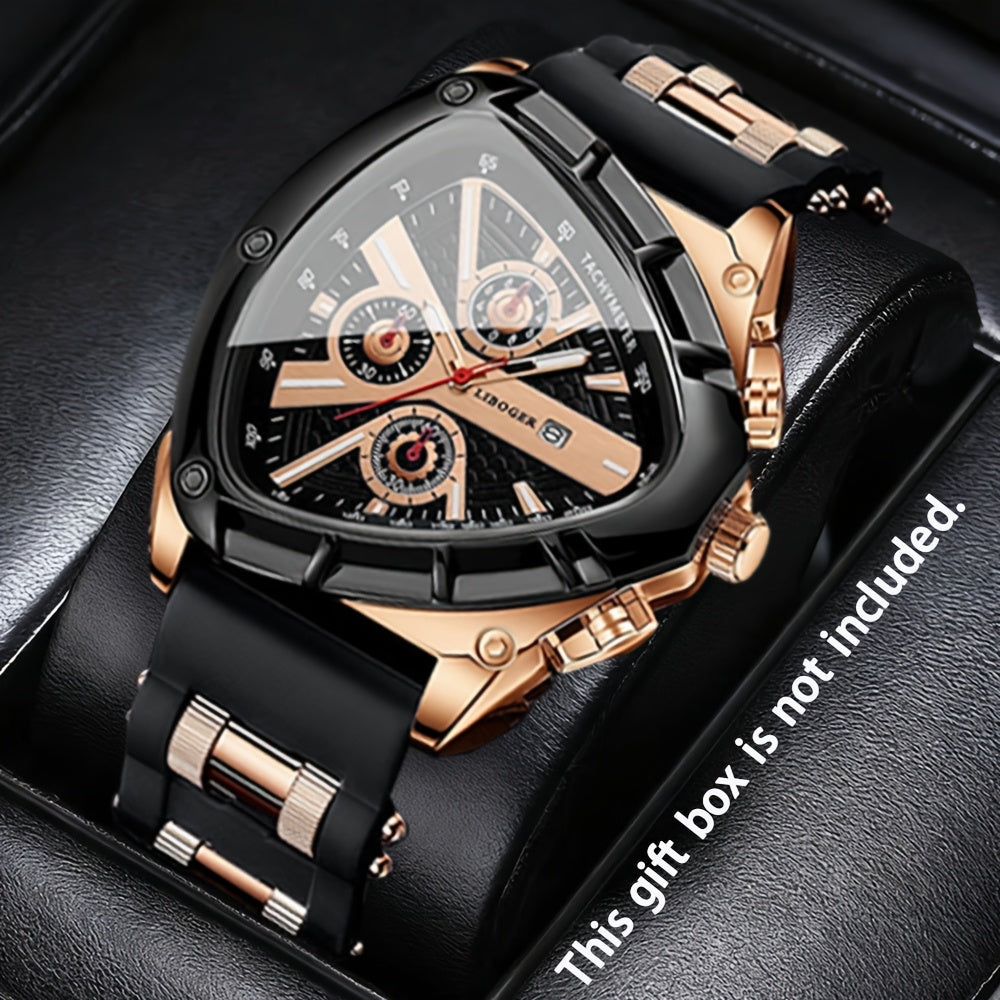 3pcs Men's Quartz Watch Set – Silicone Strap Date Display Triangular Dial, Fashion Sport Casual Wrist Watches for Men, Ideal Birthday Anniversary Gift Set