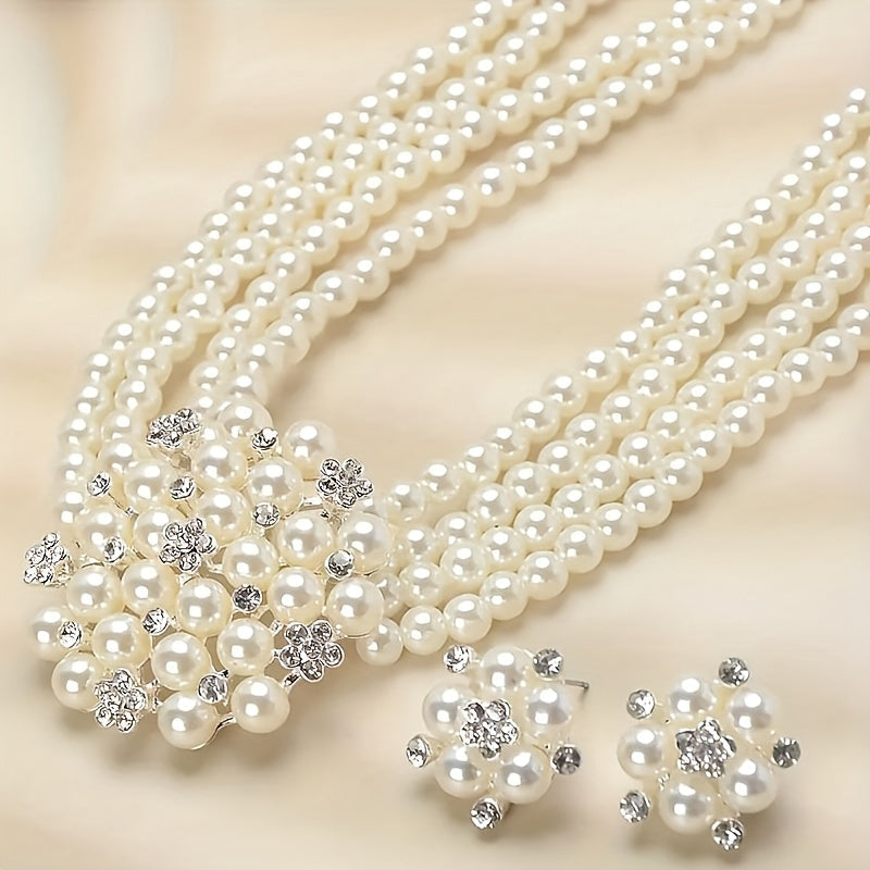 Luxury Bridal Necklace & Earring Set for Women – Silver Plated Beaded Jewelry Set for Wedding, Evening Party & Stage Performance, Elegant Dress Accessories