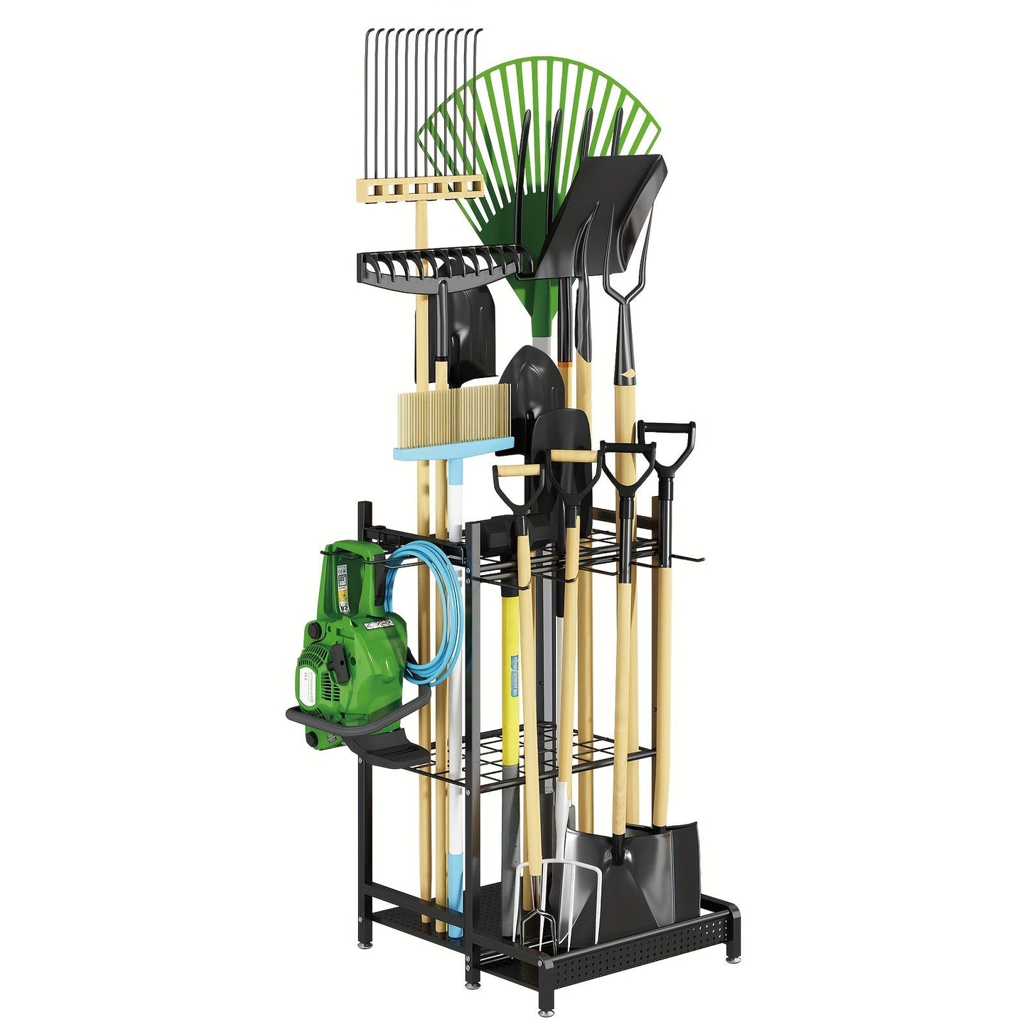 Garden Tool Organizer for Garage Heavy Duty Metal Rack with Hooks – Freestanding Yard Tool Stand Holder for Long-Handled Brooms, Shovels, Rakes & Outdoor Tools, Black Storage Rack