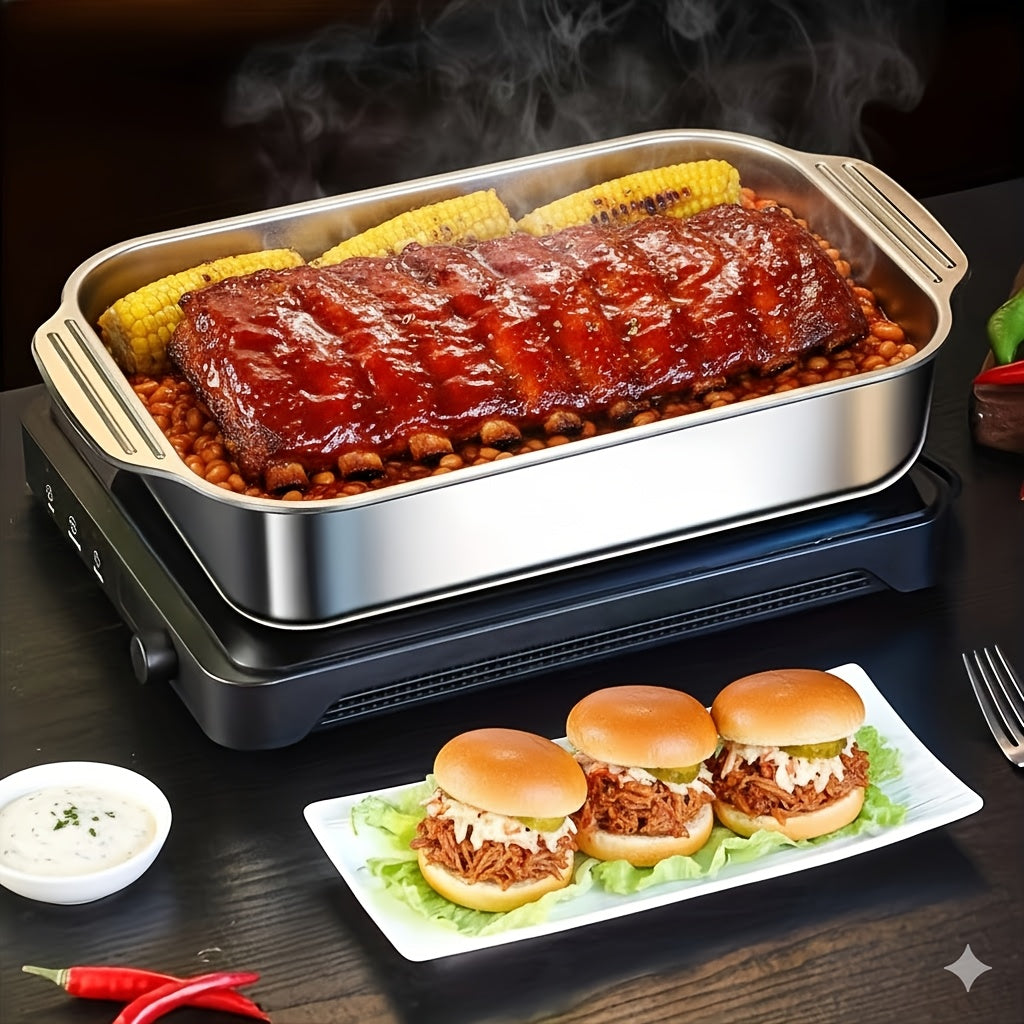 Stainless Steel Baking Pan Set 4-Piece – 2 Deep Roasting Pans & 2 Lidded Pans with Handles, 6-Liter 16.14-Inch Rectangular Baking Dish for Turkey, Lasagna, Fish & Chicken, Dishwasher Safe