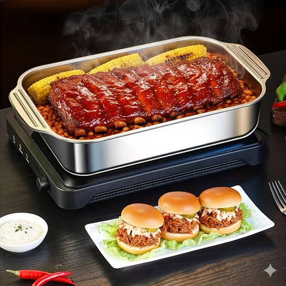 Stainless Steel Baking Pan Set 4-Piece – 2 Deep Roasting Pans & 2 Lidded Pans with Handles, 6-Liter 16.14-Inch Rectangular Baking Dish for Turkey, Lasagna, Fish & Chicken, Dishwasher Safe