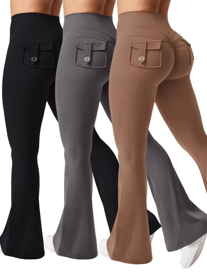 Women's 3-Piece High Waist Flare Yoga Pants Set with Belt and Pockets, Scrunch Butt Lifting Squat Proof 90% Polyester Stretchy Flared Leggings for Workout Gym Running Casual Wear