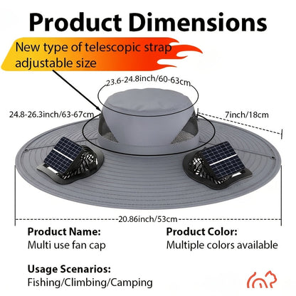 Solar Fan Hat with Dual Fans & USB Charging for Men & Women – Wide Brim Cooling Cap with Long Battery Life for Camping, Hiking, Fishing, Gardening & Outdoor Activities, Black, Dark Gray & Khaki