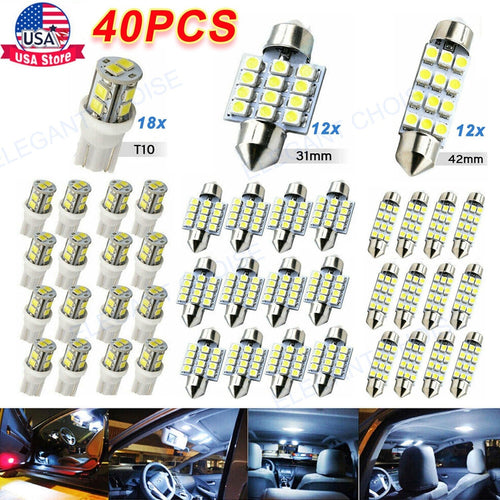 40PCS Car LED Interior Bulb Kit T10 W5W 31mm 42mm 6000K Cool White 12V, No Error Map Dome Door Trunk Courtesy Light Replacement Set for Most Cars
