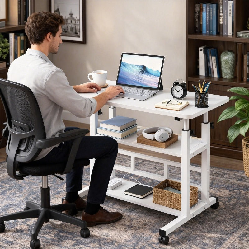 Rolling Bedside Desk Height Adjustable 23-35 Inch with Storage Shelf & Omnidirectional Wheels for Home Bedroom Office Laptop Table