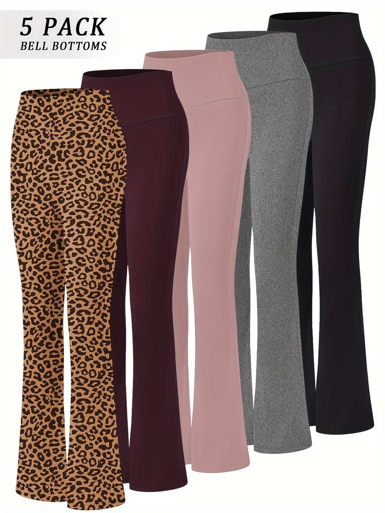Women's High Waisted Flare Bell Bottom Yoga Pants 5-Pack Tummy Control Full-Length Bootleg Leggings Soft Stretch Wide Leg Pants for Yoga Gym Dance Pilates Year-Round Wear Sizes S-XXL