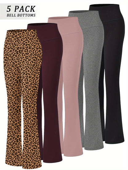 Women's High Waisted Flare Bell Bottom Yoga Pants 5-Pack Tummy Control Full-Length Bootleg Leggings Soft Stretch Wide Leg Pants for Yoga Gym Dance Pilates Year-Round Wear Sizes S-XXL