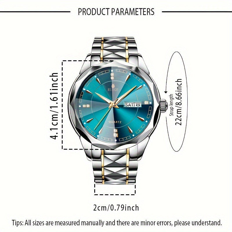 RUIGE Men's Fashion Quartz Watch – Night Light, Dual Calendar, Diamond Shaped Mirror Dial, Stainless Steel Case, Alloy Strap, Business Casual Wristwatch, Perfect Father's Day Gift for Men