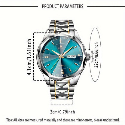 RUIGE Men's Fashion Quartz Watch – Night Light, Dual Calendar, Diamond Shaped Mirror Dial, Stainless Steel Case, Alloy Strap, Business Casual Wristwatch, Perfect Father's Day Gift for Men