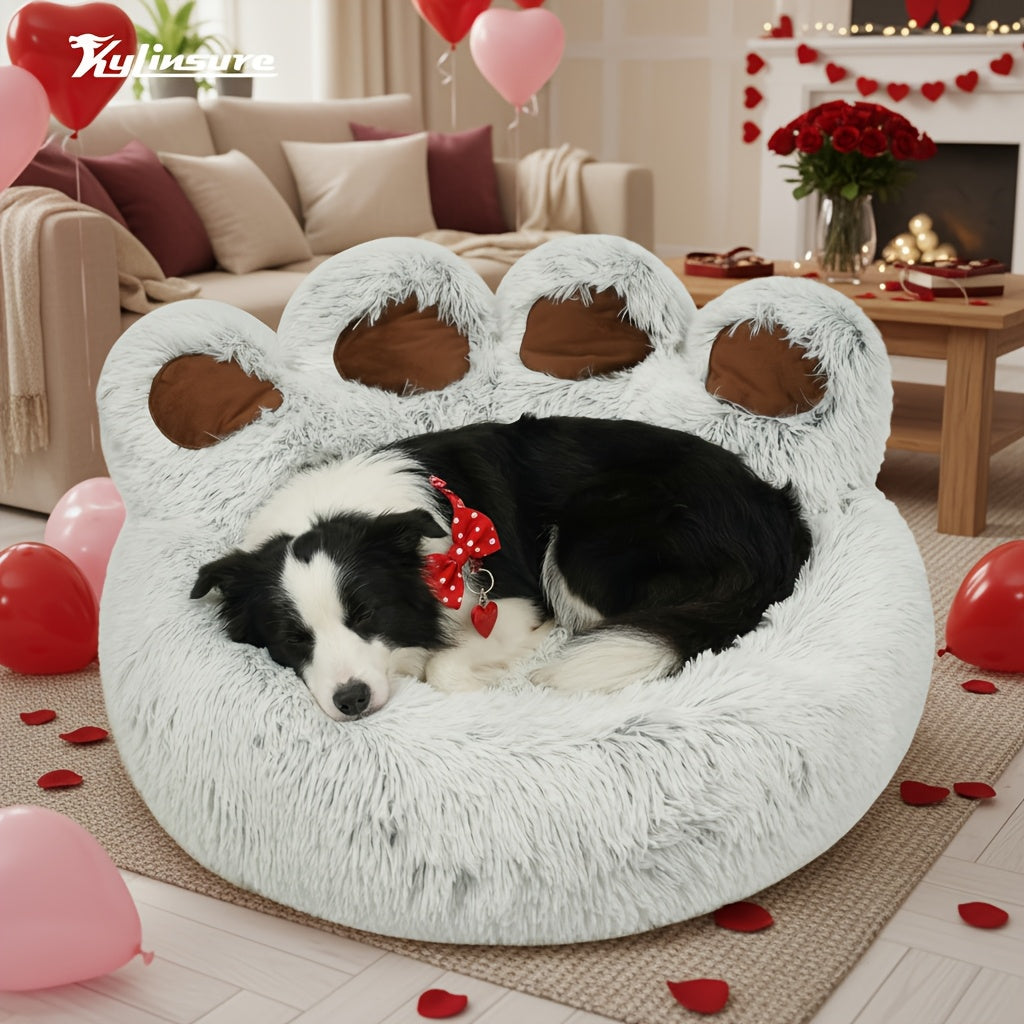 Bear Paw Shaped Donut Dog Bed & Cat Bed – Calming Warm Soft Plush Round Pet Mattress with Bonus Pet Scarf S M L XL 2XL Coffee Pink Grey Brown for Small Medium Large Dogs Cats