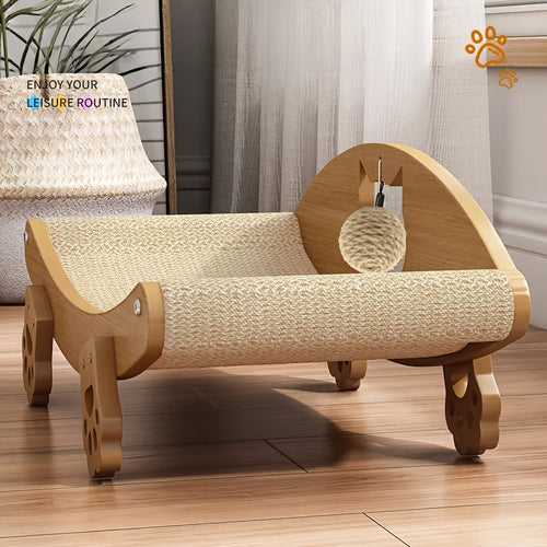 Natural Sisal Cat Scratcher Lounge Chair with Hanging Ball Toy – Solid Wood Curved Cat Bed Scratching Pad, Anti-Scratch Kitty Sofa, Furniture Protector for Indoor Cats