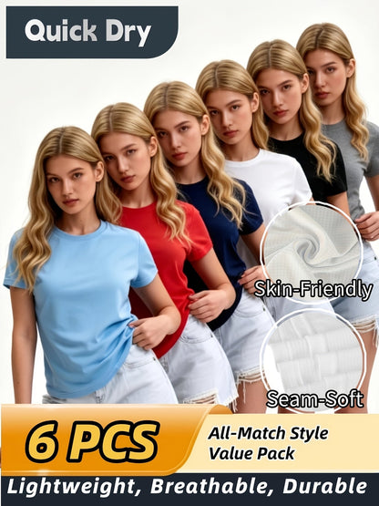 Women's 6-Pack Performance T-Shirts Breathable Moisture-Wicking Skin-Friendly Workout Tees for Outdoor Sports Gym Everyday Comfort – Mixed Colors XS-XXL