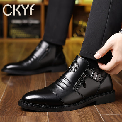 Men's Embossed Leather Ankle Boots – Slip-On Chelsea Boot Casual Dress Style, Black & Brown, Wide Sizes US 8-13.5, Comfortable Non-Slip Sole, Perfect for Work Office Daily Wear