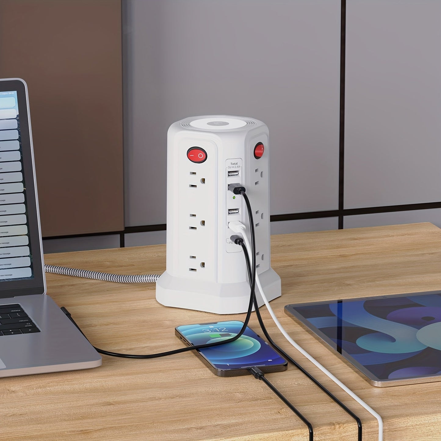 Tower Surge Protector Power Strip 12 AC Outlets 5 USB Ports PD 18W USB-C Fast Charging 10FT Extension Cord 1800J Surge Protection 4 Switches for Home Office Desk Dorm Room – Space-Saving Vertical Design