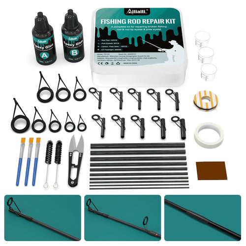 Fishing Rod Repair Kit Complete Set – Tip Top Rings, Rod Guides, AB Epoxy Glue, Winding Thread & Textured Paper, Full Replacement Supplies for Broken Rods