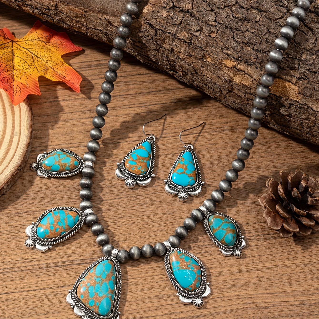 Vintage Boho Turquoise & Orange Beadwork Earrings Necklace Set Women Ethnic Zinc Alloy Jewelry for Everyday Holiday & Gift