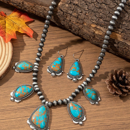 Vintage Boho Turquoise & Orange Beadwork Earrings Necklace Set Women Ethnic Zinc Alloy Jewelry for Everyday Holiday & Gift