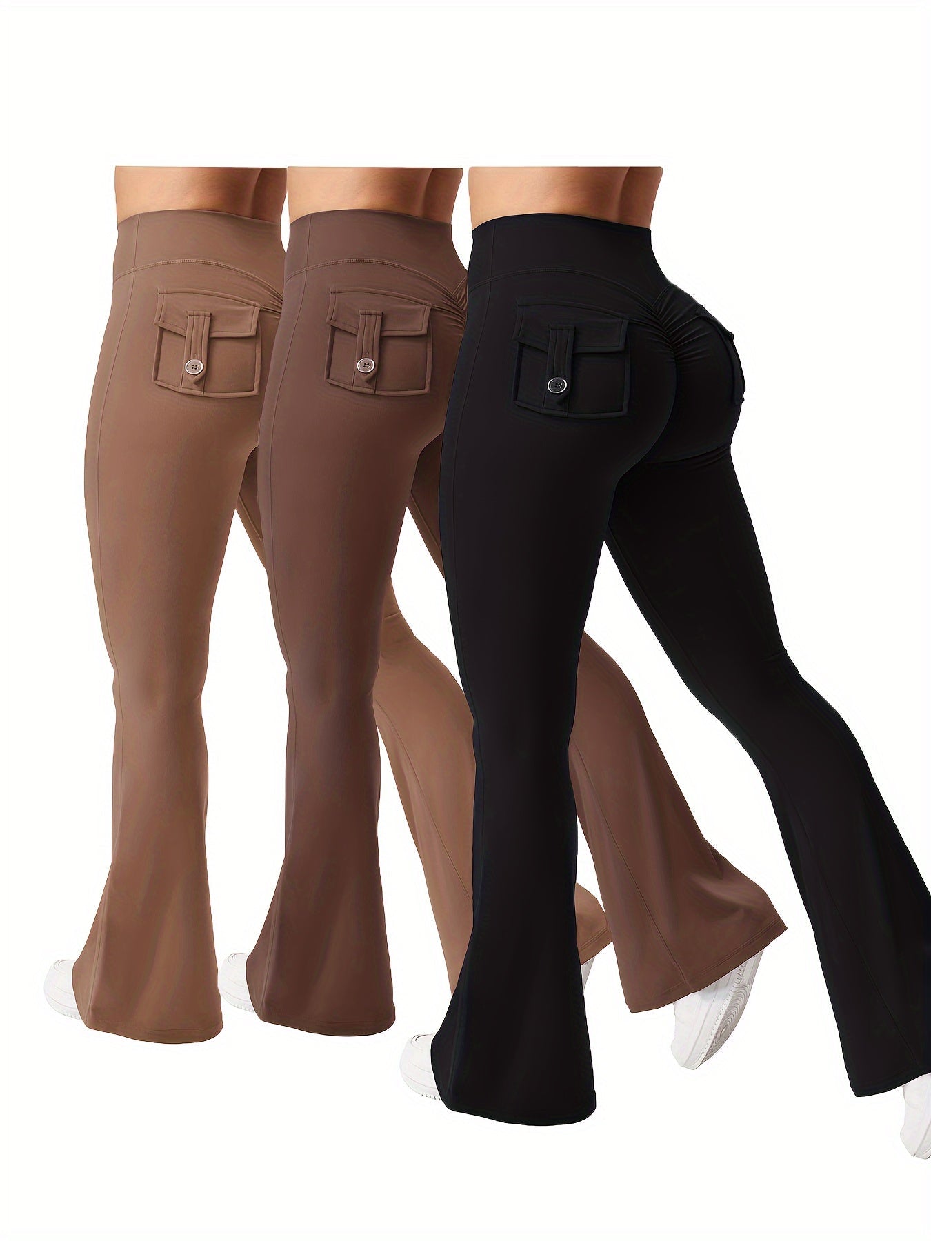 Women's 3-Piece High Waist Flare Yoga Pants Set with Belt and Pockets, Scrunch Butt Lifting Squat Proof 90% Polyester Stretchy Flared Leggings for Workout Gym Running Casual Wear