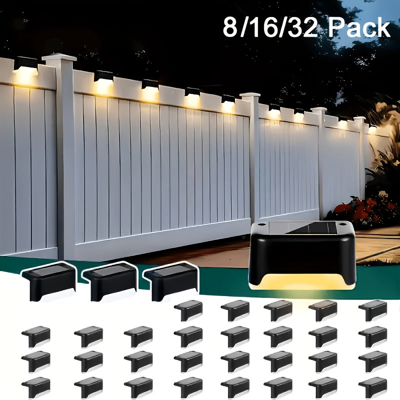 Solar LED Deck Lights Outdoor Stair Step Lights Auto On/Off 12-Hour Warm White Lighting for Fence, Pathway, Patio, Balcony & Yard – Weatherproof ABS, Pack of 8, 16 or 32 – No Wiring Required