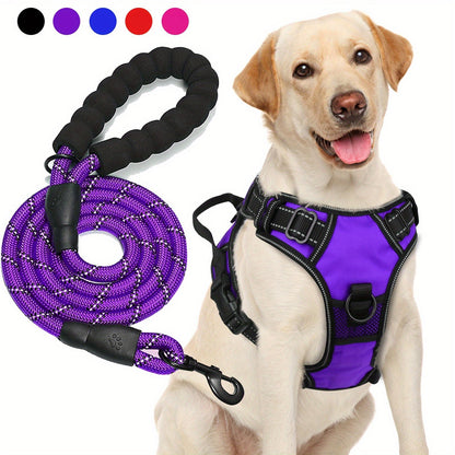 No Pull Dog Harness and Leash Set – Adjustable Reflective Oxford Vest Harness with 5-Foot Padded Handle Rope for Medium to Large Dogs, Quick-Release Buckles, Sizes S-XL, 5 Colors