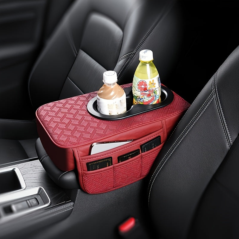 PU Leather Car Center Console Mat & Armrest Box Cover | Universal Fit, 2 Side Pockets, 2 Cup Holders, Phone & Card Storage, Tissue Box Replacement – Black, Grey, Red, Beige, Brown, Cream