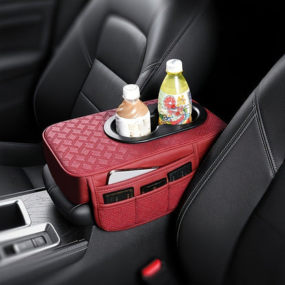 PU Leather Car Center Console Mat & Armrest Box Cover | Universal Fit, 2 Side Pockets, 2 Cup Holders, Phone & Card Storage, Tissue Box Replacement – Black, Grey, Red, Beige, Brown, Cream