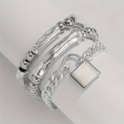 3pcs 925 Sterling Silver Beaded Punk Bracelet Set with Lock Pendant – Exquisite Stackable Edgy Silver Wrist Jewelry for Women Men Teens, Party Festival Daily Wear Gift