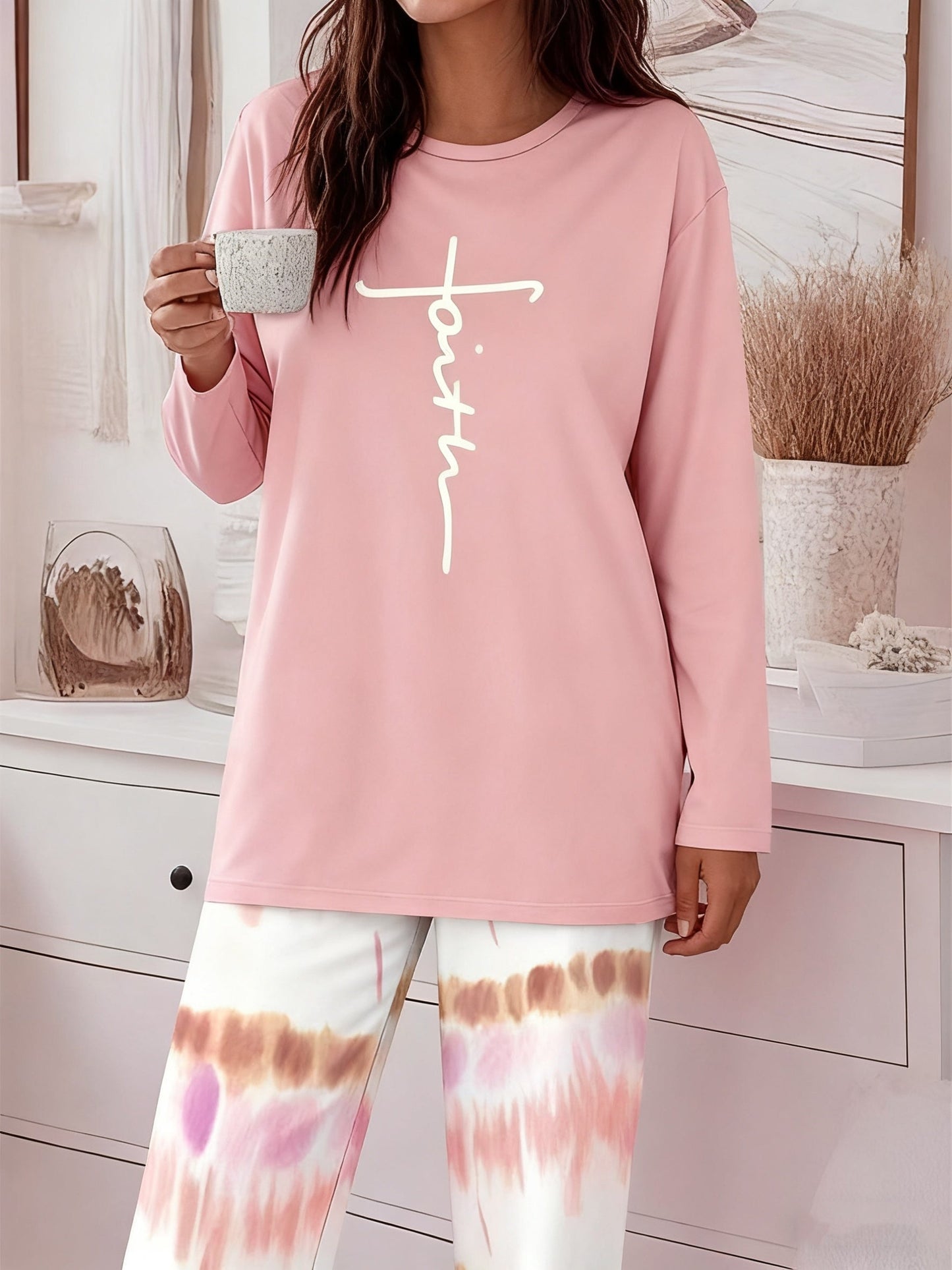 Women's Two-Piece Outfit Set - Gradient Wide-Leg Palazzo Pants & Long Sleeve Printed Round Neck Top, Casual Loose Matching Lounge Set for Everyday Vacation Travel, Sizes S-XXL